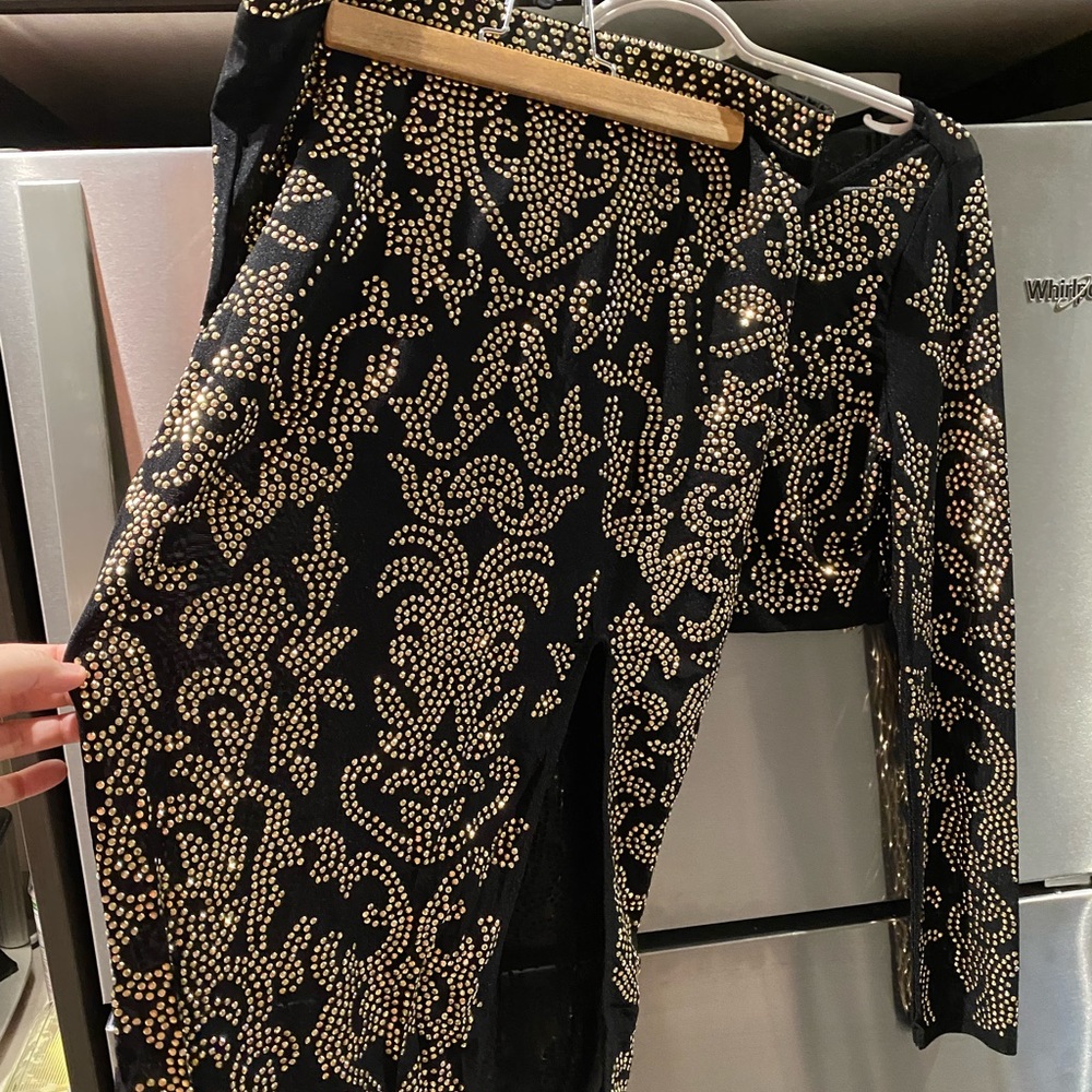 Two Piece Gold/Black Mesh Outfit